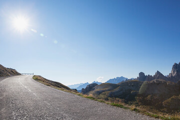 Alpine road to Auronzo hut, Tre Cime di Lavaredo Area, Nature Park Tre Cime, Unesco World Heritage Natural Site, Sexten Dolomites, Italy