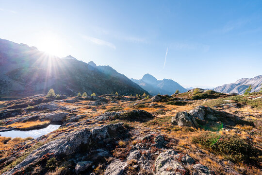 Switzerland, Canton of Grisons, Albula Pass at autumn sunset