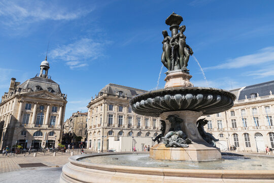France, Gironde, Bordeaux, Low angle view of Fountain of Three Graces