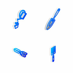 Set Isometric line Garden trowel spade or shovel, Watering can, Gardening handmade scissor and fork icon. Vector