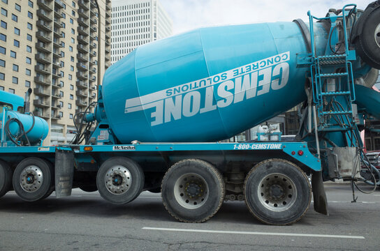 Chemstone Concrete Solutions truck with a rotating mixer servicing the downtown area. Minneapolis Minnesota MN USA