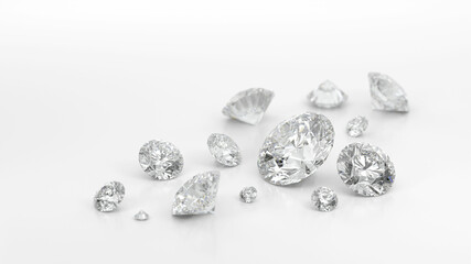 白背景の沢山のダイヤモンドの3Dレンダリング