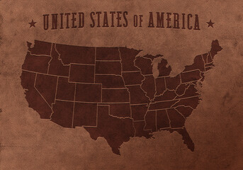 United States of America (USA) map engraved on leather background.