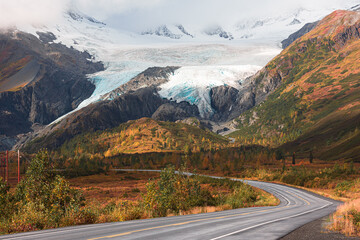 View of Worthington Glacier on highway near Valdez, Alaska in fall season
