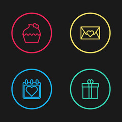 Set line Calendar with heart, Gift box and, Envelope Valentine and Wedding cake icon. Vector