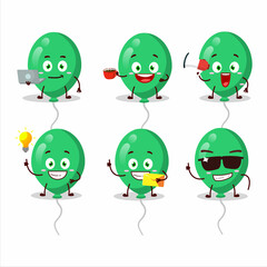 Green balloons cartoon character with various types of business emoticons