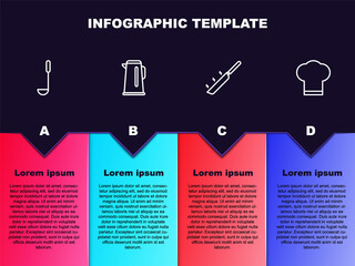 Set line Kitchen ladle, Kettle with handle, Frying pan and Chef hat. Business infographic template. Vector