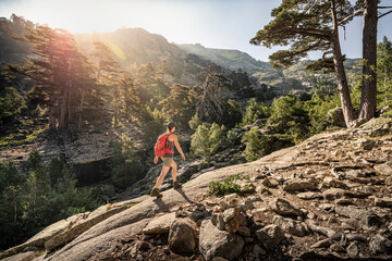 Female hiker during hike, Albertacce, Haute-Corse, Corsica, France