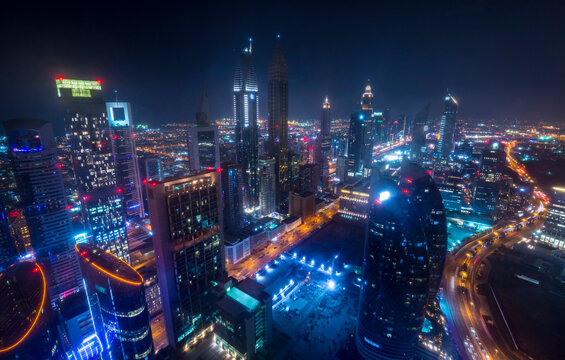 United Arab Emirates, Dubai, cityscape with Sheikh Zayed Road at night