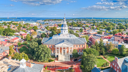 Aerial drone of Maryland State House, Annapolis with city
