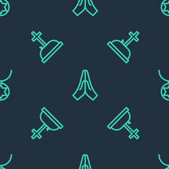 Set line Hands in praying position, Tombstone with cross and Star of David necklace chain on seamless pattern. Vector