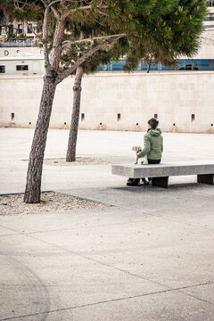 France, Cote d?Azur, Marseille, Woman with dog sitting on bench at Vieux Port