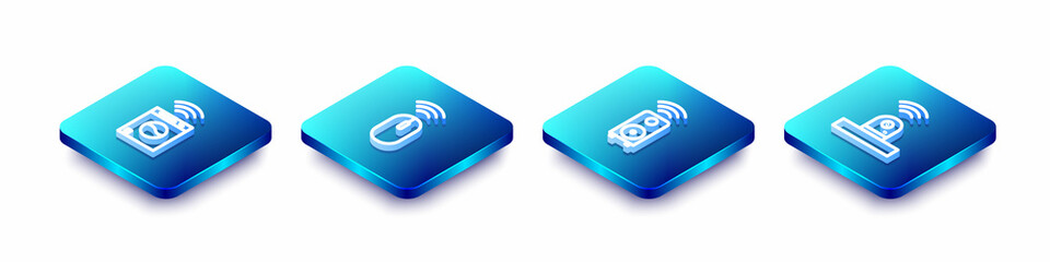 Set Isometric line Smart washer, Wireless mouse, stereo speaker and security camera icon. Vector