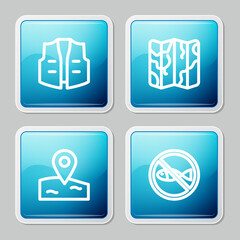 Set line Fishing jacket, Folded map, Location fishing and No icon. Vector