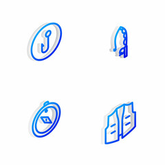 Set Isometric line Fishing rod, hook, Compass and jacket icon. Vector