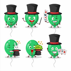 A green balloons Magician cartoon character perform on a stage