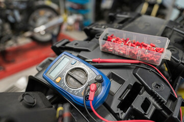 Close-up of polymeterÔøΩin motorcycle customization garage