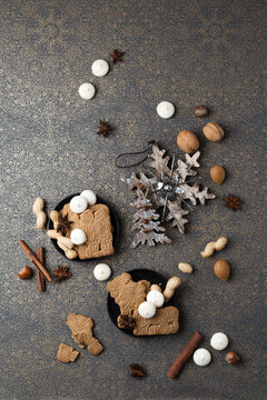 Christmas cookies and Christmas decoration on patterned ground