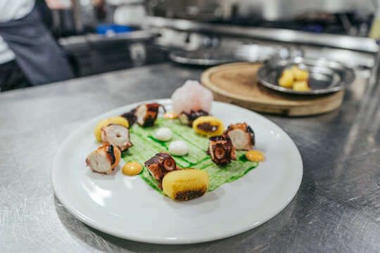 Garnished plate with mediterranean food