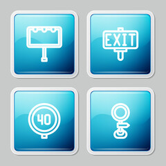 Set line Billboard with lights, Fire exit, Speed limit traffic and Road sign icon. Vector