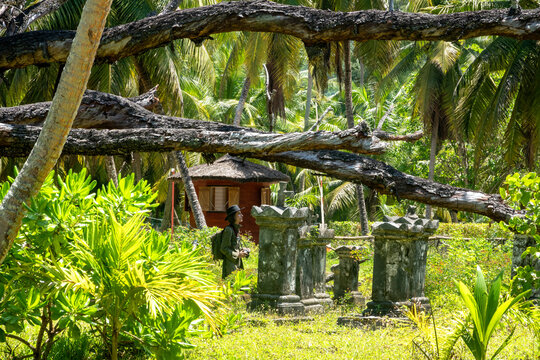 Seychelles, La Digue, man with backpack and camera visiting old grave yard