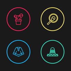 Set line Poncho, Mexican sombrero, Gong and Cactus or succulent in pot icon. Vector