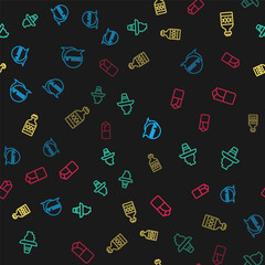 Set line Hola, Mexican man sombrero, Tequila bottle and Burrito on seamless pattern. Vector © vector_v