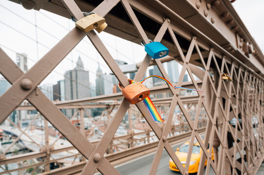 Love locks on Brooklyn Bridge, NYC, USA