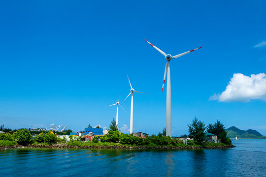 Seychelles, Mahe, wind wheels at harbour