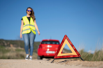 Warning triangle at a breakdown in the countryside