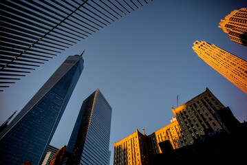 USA, New York, New York City, Tall downtown skyscrapers against clear sky at dusk