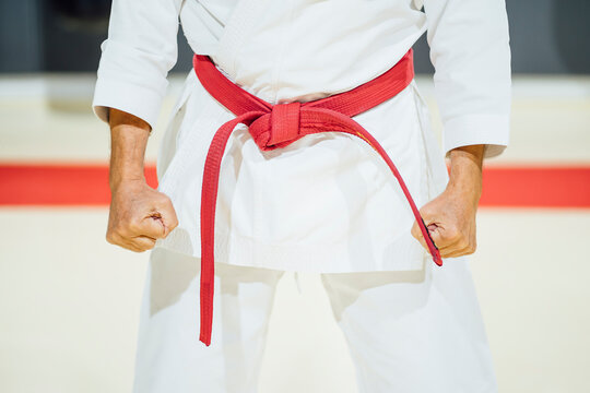 Mid section of a karateka in gym