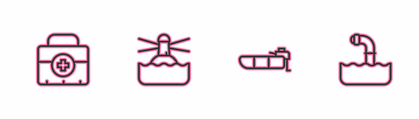 Set line First aid kit, Inflatable boat with motor, Lighthouse and Periscope icon. Vector