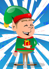 Christmas Elf holding small gift box. Vector cartoon character illustration of Santa Claus's little worker, helper.