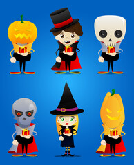 Kids dressed for Halloween holding small gift box. Vector cartoon character illustration of kids ready to Trick or Treat.
