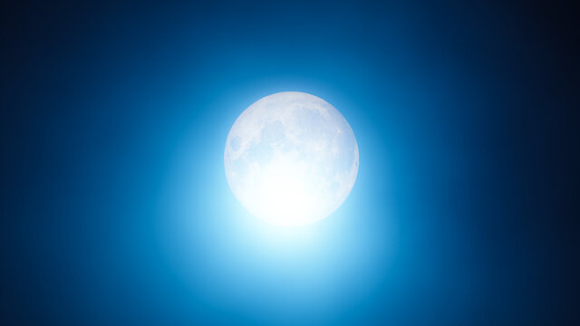 Beautiful shiny full moon is glowing in the haze of dark blue sky. 3d rendered abstract lunar background