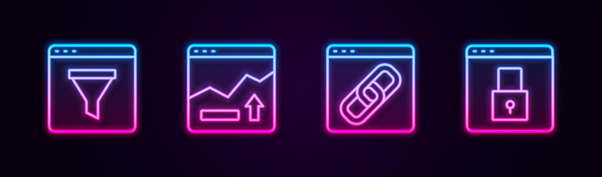 Set line Browser window, Financial growth increase, and Secure your site with HTTPS, SSL. Glowing neon icon. Vector
