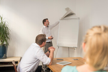 Businessman leading a presentation at flip chart in office