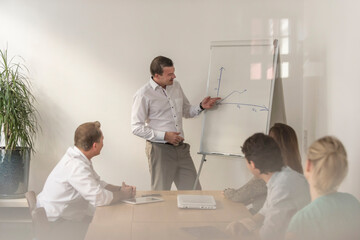 Businessman leading a presentation at flip chart in office
