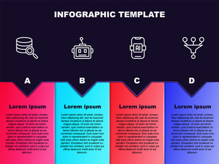 Set line Server, Artificial intelligence robot, AI and Funnel or filter. Business infographic template. Vector