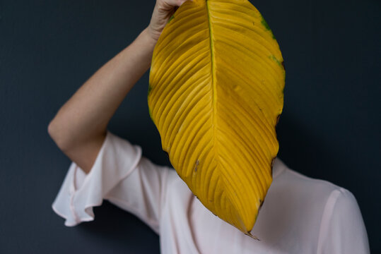 Woman covering face with a yellow banana leaf