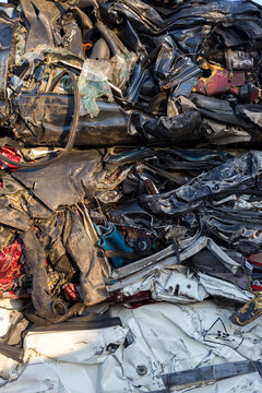 Compressed cars in a scrapyard