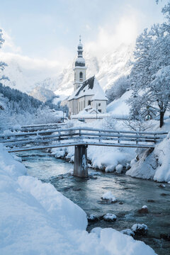 Germany, Bavaria, Ramsau bei Berchtesgaden, Church of St. Sebastian in deep snow