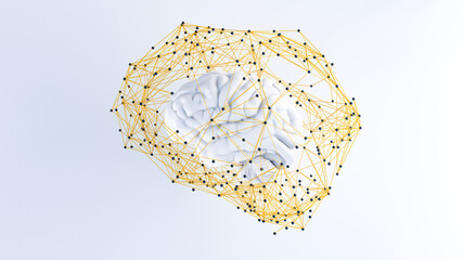 Three dimensional render of interconnected spheres surrounding human brain