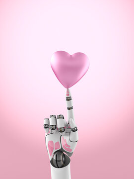 Three dimensional render of robotic arm balancing pink heart on top of finger