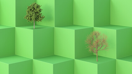 Three dimensional render of one green and one bare tree on green cubes