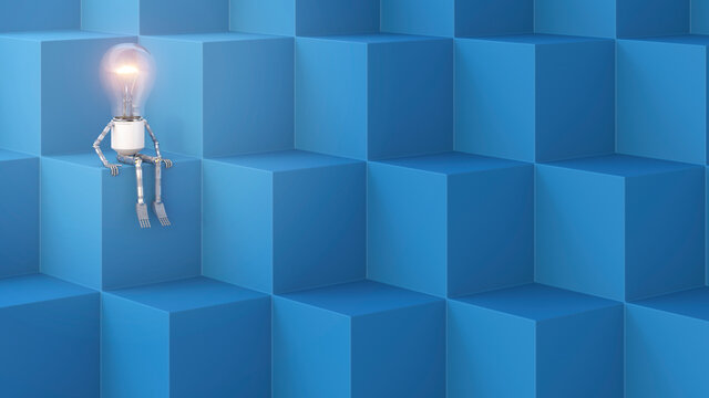 Three dimensional render of humanoid light bulb sitting on cubes
