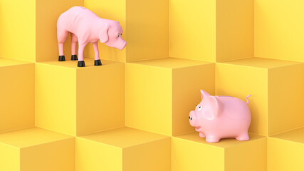 Three dimensional render of full and empty piggy banks looking at each other