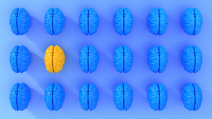 Pattern of rows of blue colored human brains with single yellow one