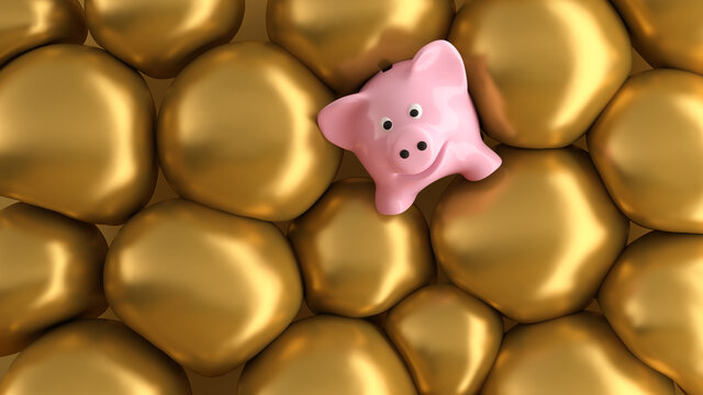Three dimensional render of piggy bank surrounded by gold bubbles